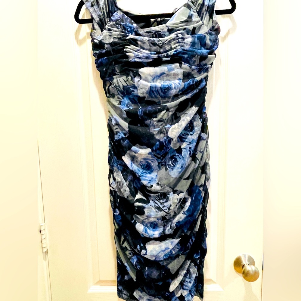 Alex Evenings Blue Floral Ruched Cocktail Dress, Size 4